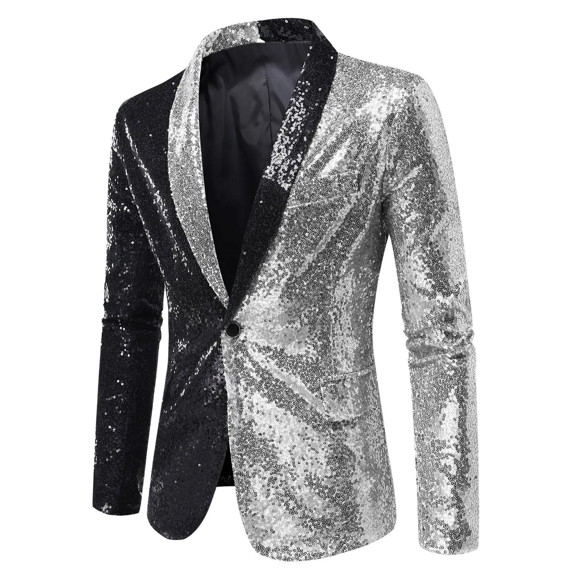 Blazer Homme Scintillant à Paillettes Col V Simple Bouton Veste de Costume Spectacle Scène Soirée Bal Dîner Manteau