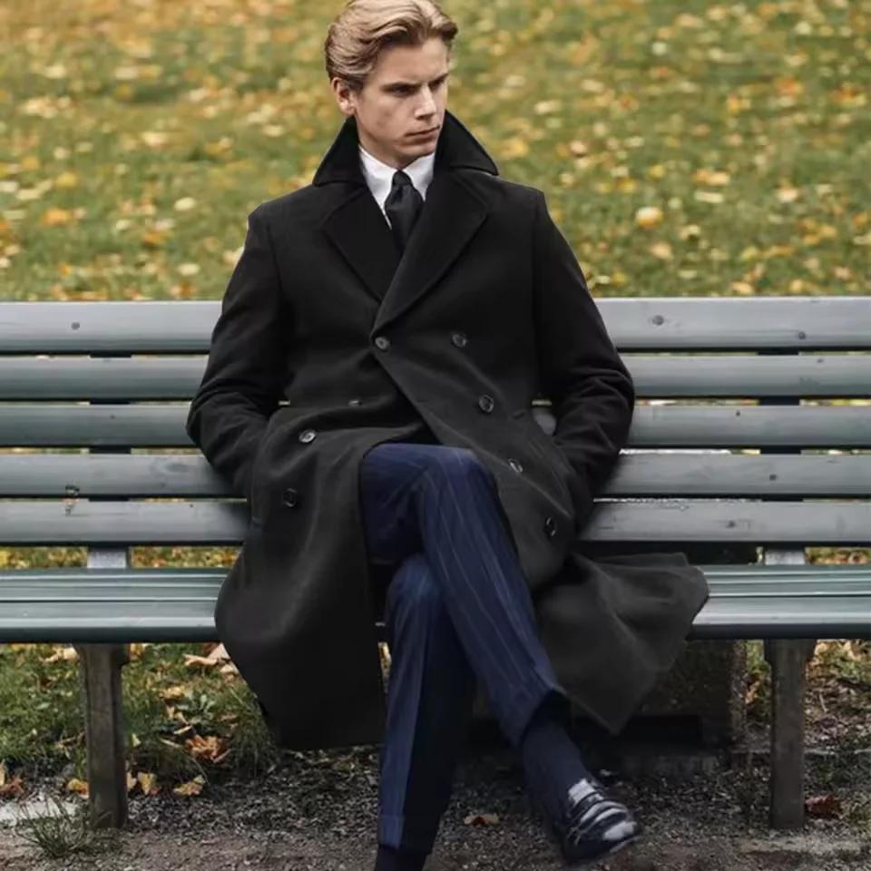 2025 nouvelle laine longs hommes manteaux de luxe hiver couleur unie Double boutonnage