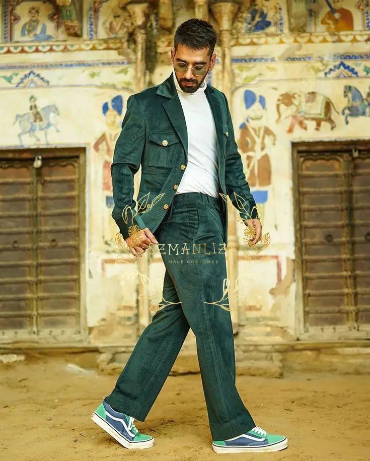 Costume Homme vert velours côtelé Vintage hommes costumes sur mesure 2 pièces ensemble mariage marié personnalisé smoking bal coupe ajustée veste pantalon