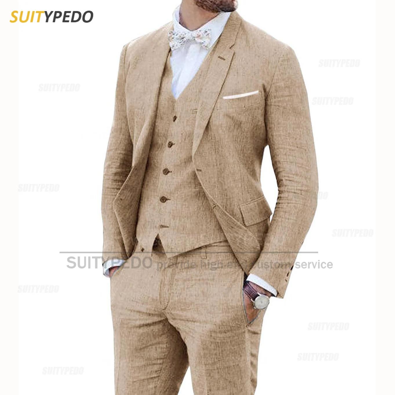 Costume 3 Pièces en Lin Beige pour Homme