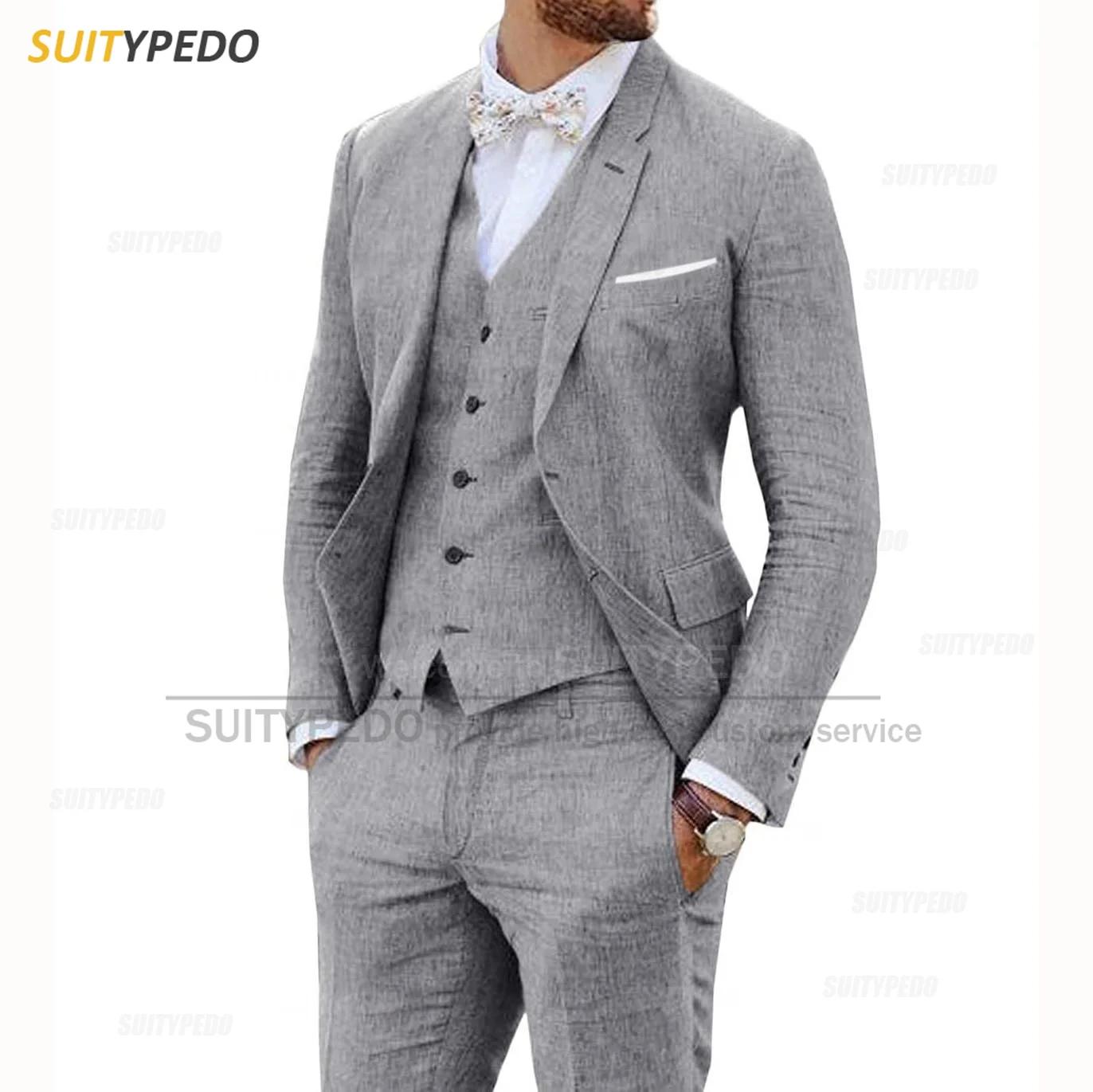Costume 3 Pièces en Lin Beige pour Homme