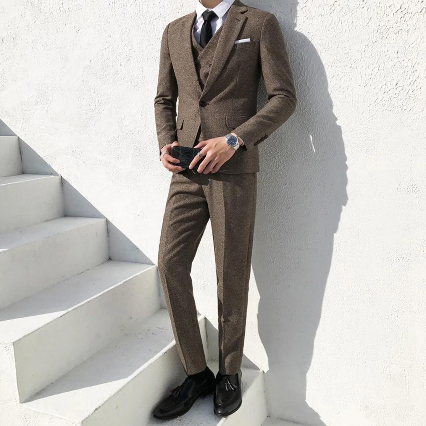 Costume homme costume d'affaires homme mariage marié trois pièces costume mariage rétro Style britannique formel Tweed