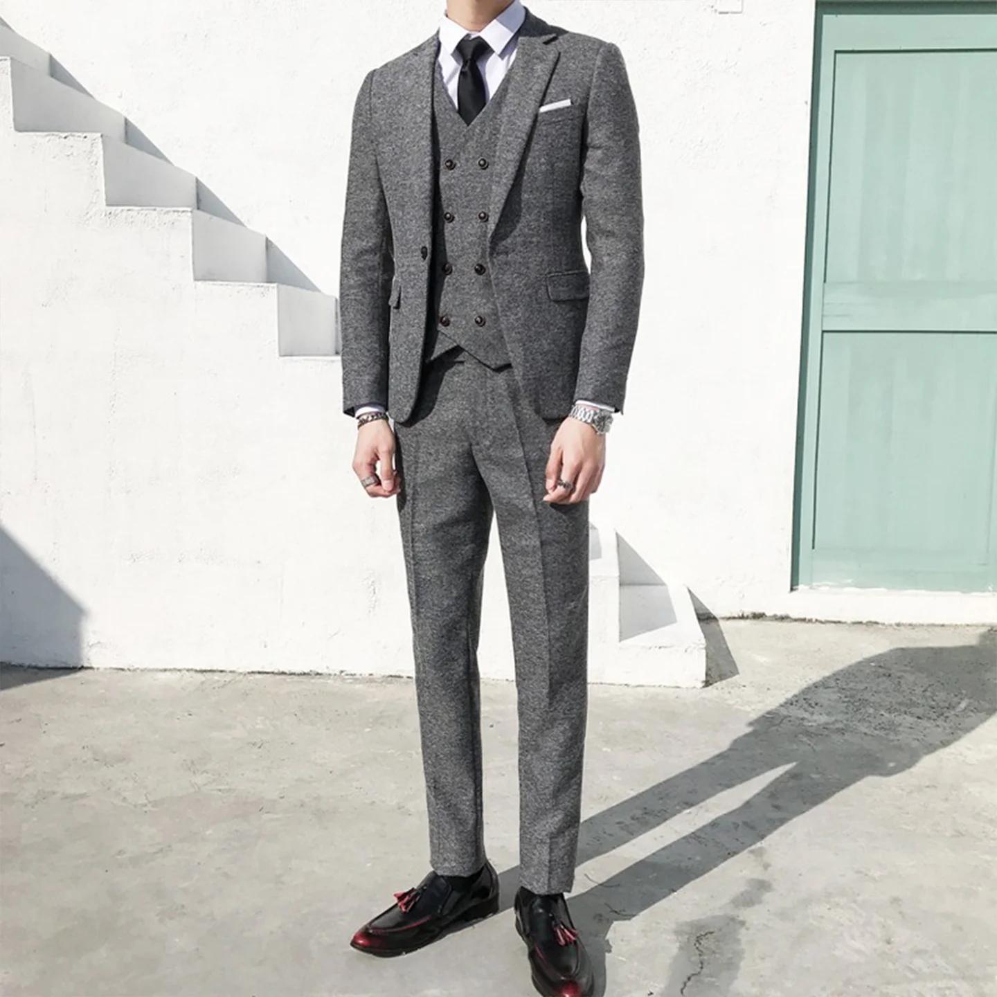 Costume homme costume d'affaires homme mariage marié trois pièces costume mariage rétro Style britannique formel Tweed