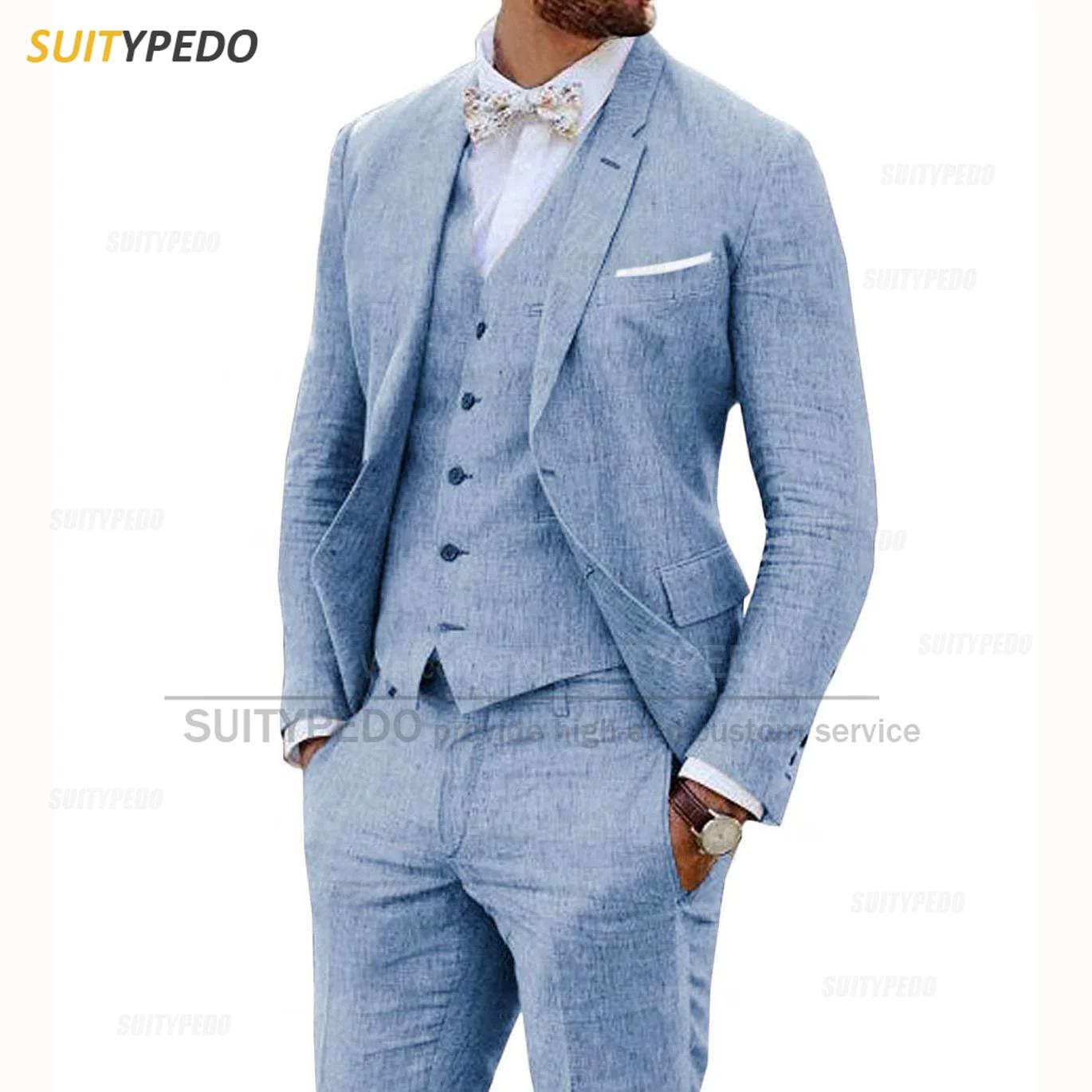 Costume 3 Pièces en Lin Beige pour Homme