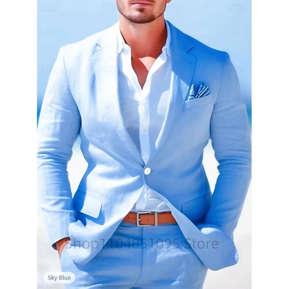 Costumes en lin beige/bleu pour hommes