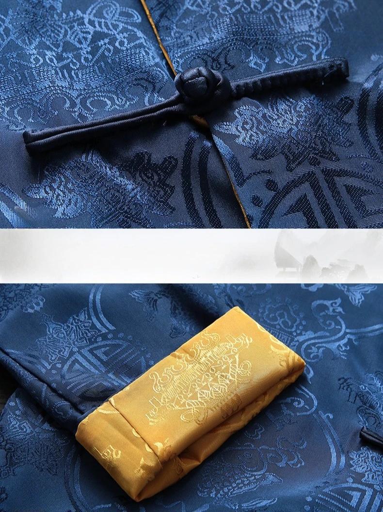 Costume deux pièces bleu pour homme de style chinois : Veste jacquard rouge à col montant et à simple boutonnage