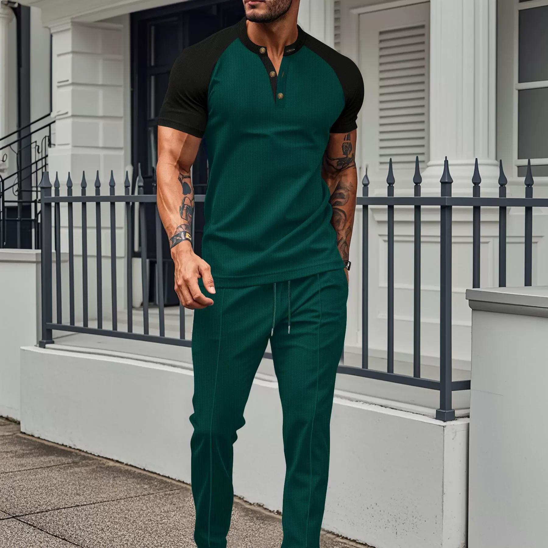 Costume pour hommes Europe et états-unis 2025 été couleur match décontracté col rond manches courtes