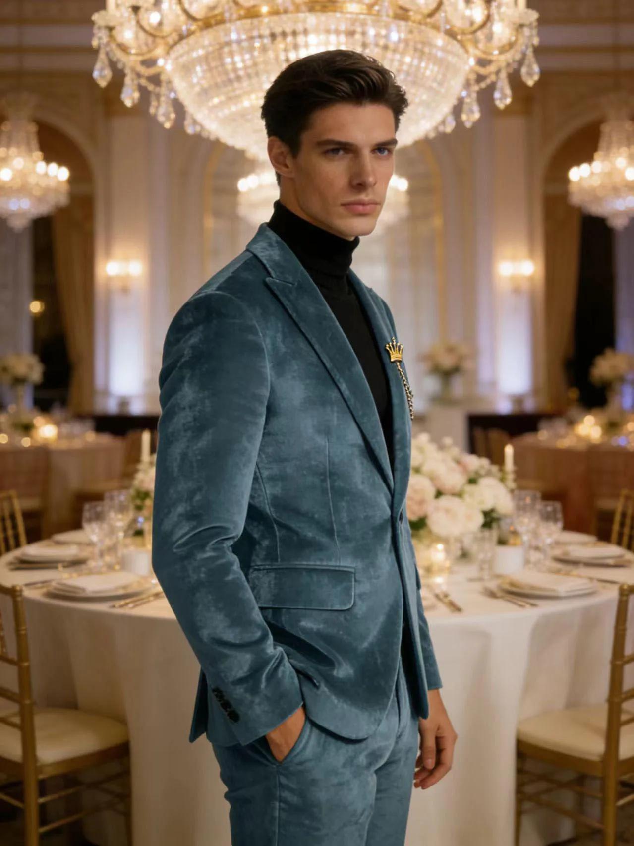 Blazer en velours vert sarcelle pour homme