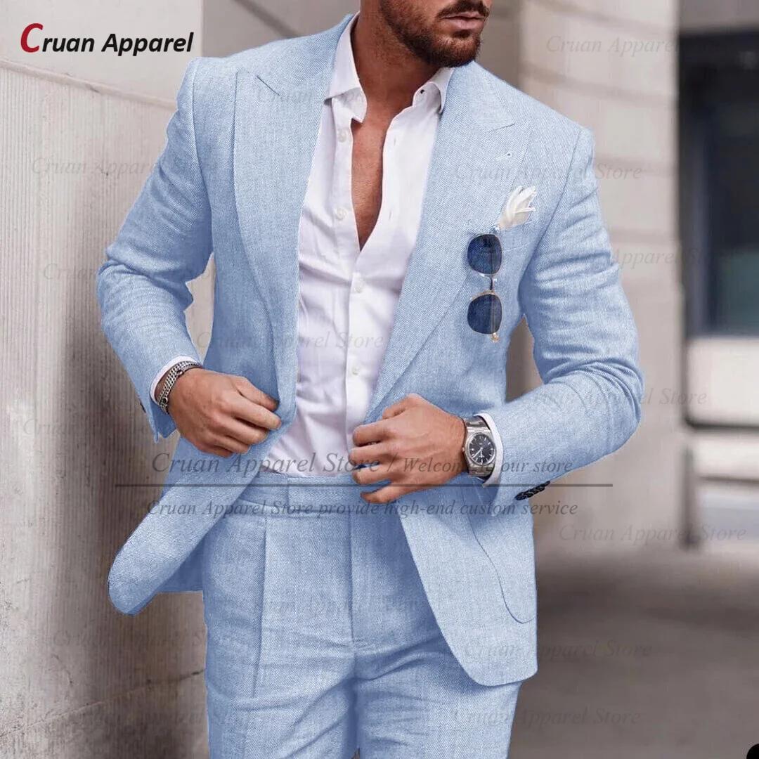 Ensemble de Blazer et Pantalon en Lin Bleu Ciel pour Homme