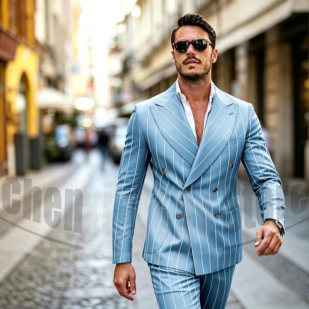 Costumes rayés pour hommes élégant revers à pointe Double boutonnage tenues 2 pièces veste avec pantalon mince affaires décontracté costume masculin