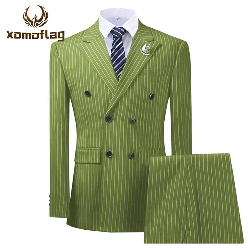 Costumes pour hommes à rayures vert Olive Double boutonnage pour mariage sur mesure homme Costume marié 2 pièces