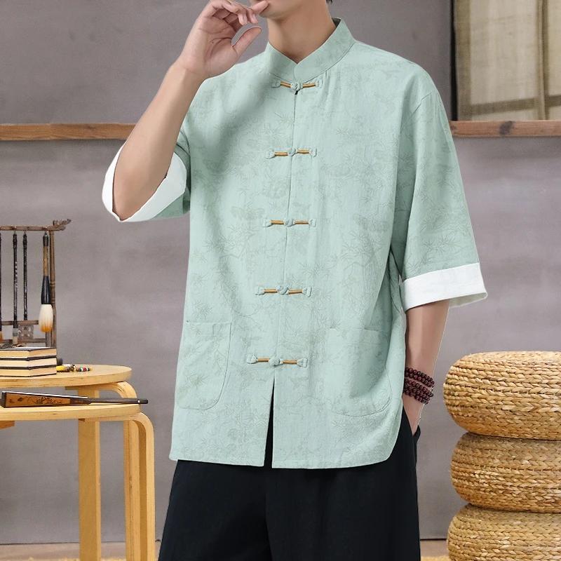 Chemise imprimée légère à col Mandarin pour hommes