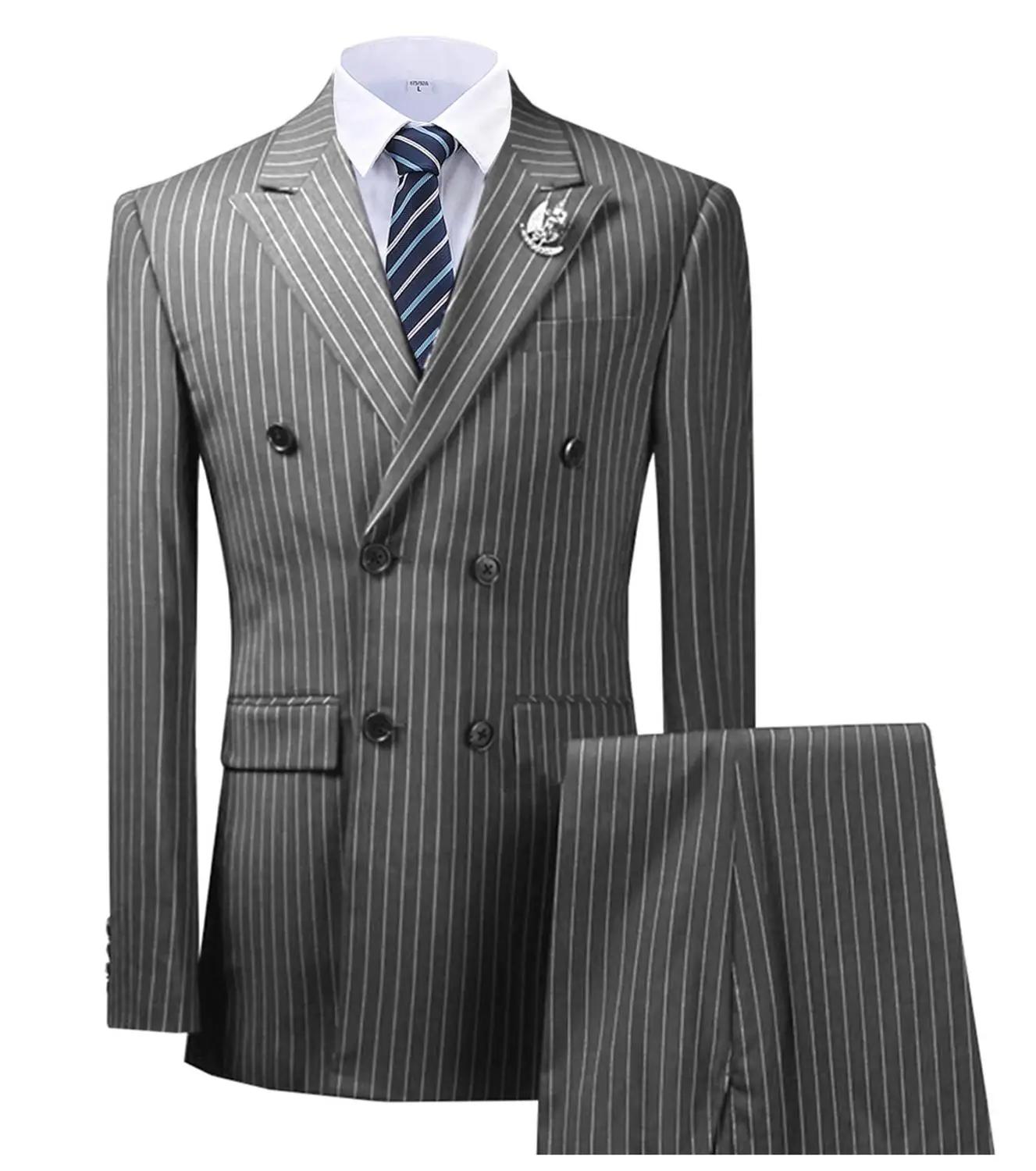 Costumes pour hommes à rayures vert Olive Double boutonnage pour mariage sur mesure homme Costume marié 2 pièces