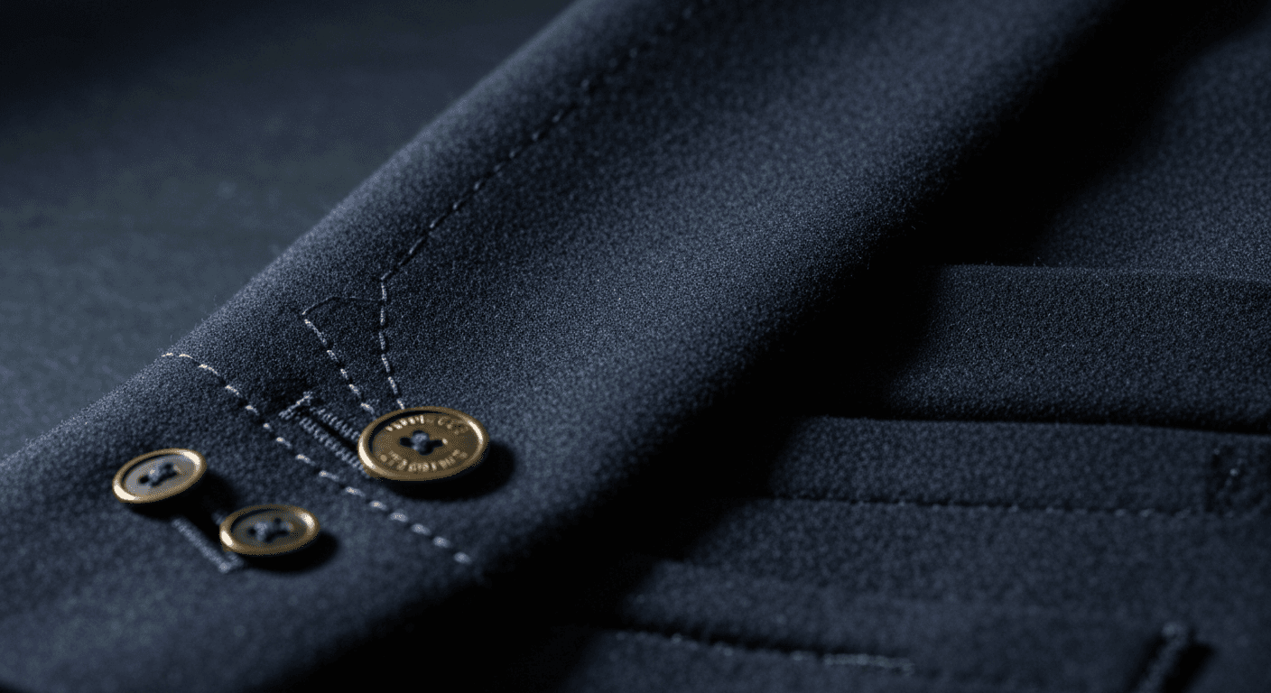 Macro d'un revers cranté en laine peignée bleu nuit, boutonnière milanaise tonale et bouton corozo poli laiton