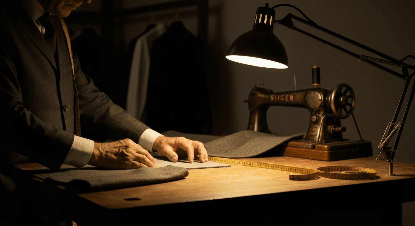 Mains du maître tailleur traçant à la craie une retouche sur une veste en laine grise, sous une lampe tungstène basse