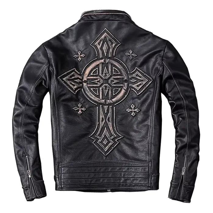 Veste en cuir de vachette véritable noir rétro pour hommes, manteau en cuir de vachette naturel, mot