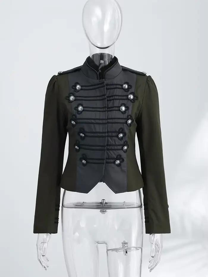 Nouvelle Veste Napoléon pour Femme à Col Montant, Boutons Grenouillère, Taille Cintrée, Manteau Prin