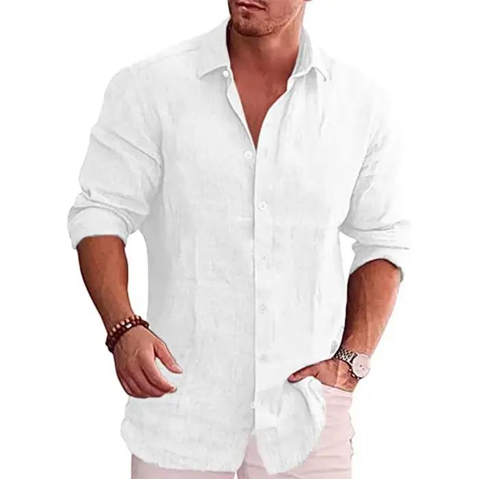 Chemise à manches longues pour hommes, en coton et lin, couleur unie, Style décontracté, grande tail