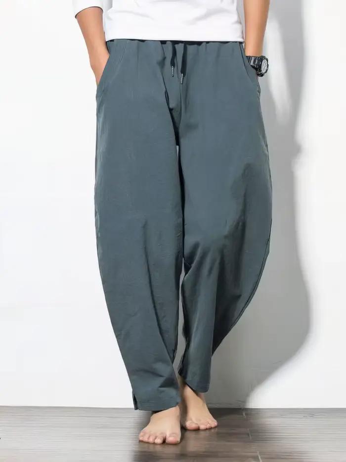 Coton lin survêtement pantalon hommes Baggy pantalon décontracté mâle marche jambe large lâche coton