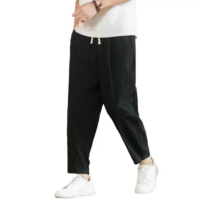 Streetwear hommes coton pantalon décontracté couleur unie pantalons longs respirant cordon pantalon