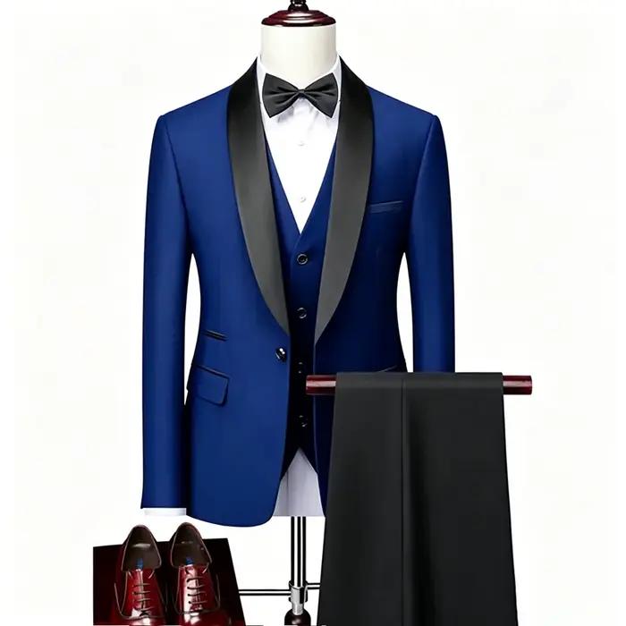 Ensemble de costume de smoking 3 pièces pour homme (veste + gilet + pantalon), blazer beige avec rev