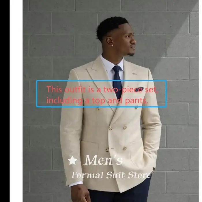 Blazer beige croisé pour homme avec boutons dorés, revers pointus, coupe ajustée, veste de cérémonie