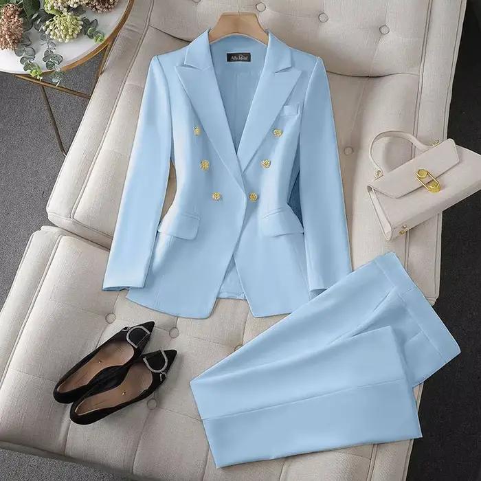 Ensemble 2 pièces de mode coréenne : Blazer à col rabattu et pantalon slim à manches longues pour fe