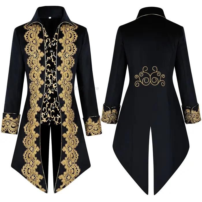 Tuxedo en dentelle bleue pour hommes, veste de manteau de queue Vintage médiéval euro-américain pour