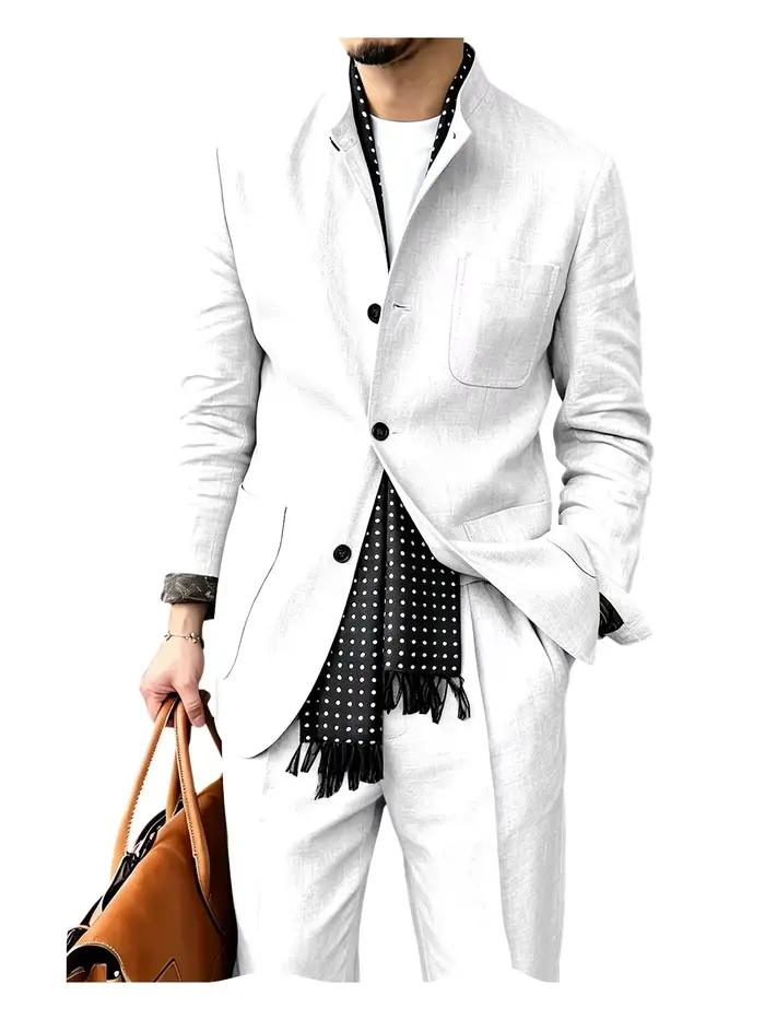 Costume en lin pour homme, ensemble 2 pièces décontracté avec blazer à trois boutons et pantalon, co
