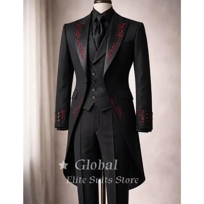 Costume de smoking noir 3 pièces avec broderie rouge, style gothique victorien, pour mariage, bal de