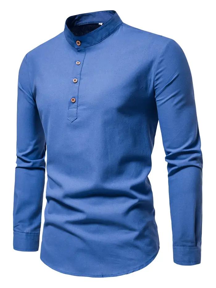 Chemises de couleur unie en pur coton pour hommes, chemises élégantes à manches longues et col monta