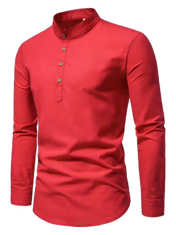 Chemises de couleur unie en pur coton pour hommes, chemises élégantes à manches longues et col monta