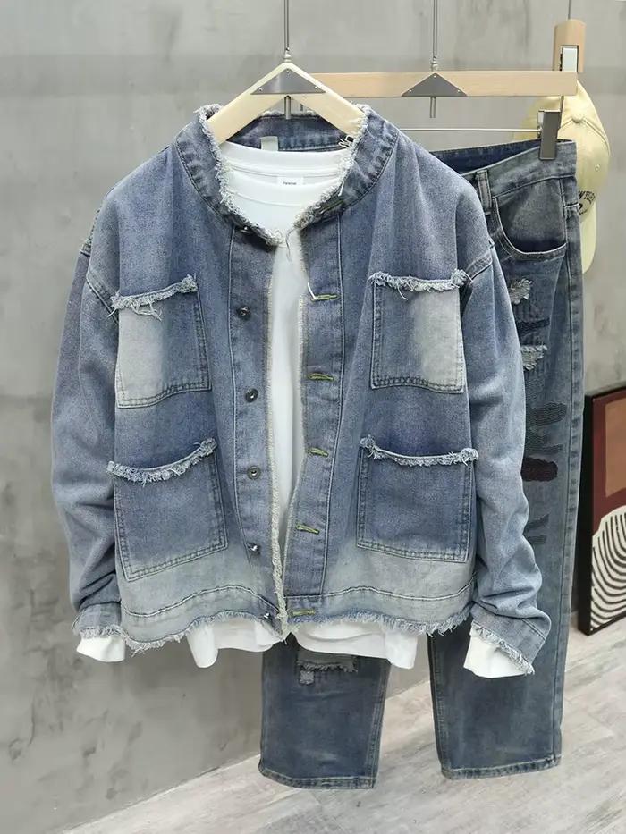 Printemps automne nouveaux hommes veste en jean à franges américain rétro haute rue poches bleu mant