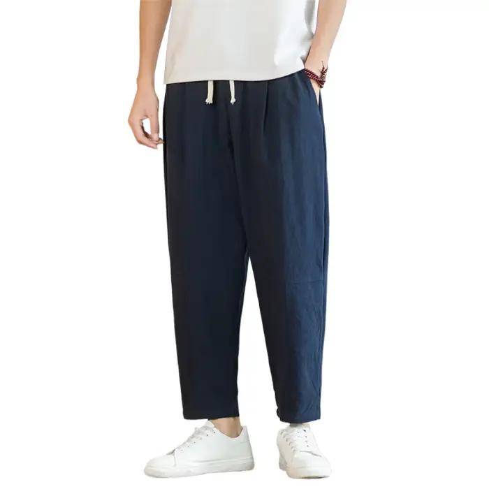 Streetwear hommes coton pantalon décontracté couleur unie pantalons longs respirant cordon pantalon