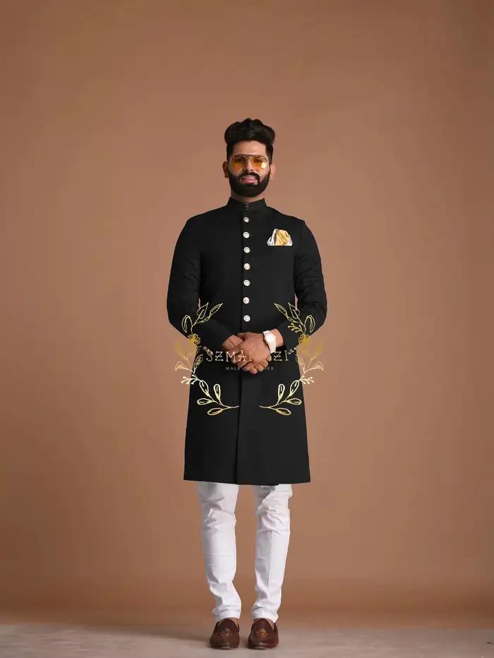 Costume Homme 2 pièces noir longue veste blanc pantalon costumes pour hommes coupe ajustée mariage s