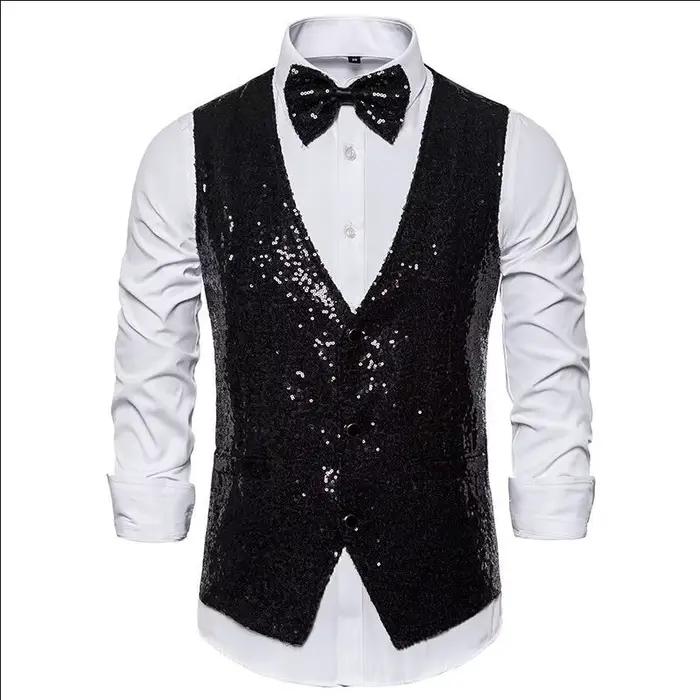 Gilet de luxe pour homme, col en V, coupe ajustée, scintillant, uni, avec nœud papillon, pour mariag