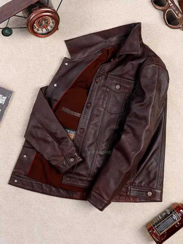 Veste en cuir marron rouge automne pour homme