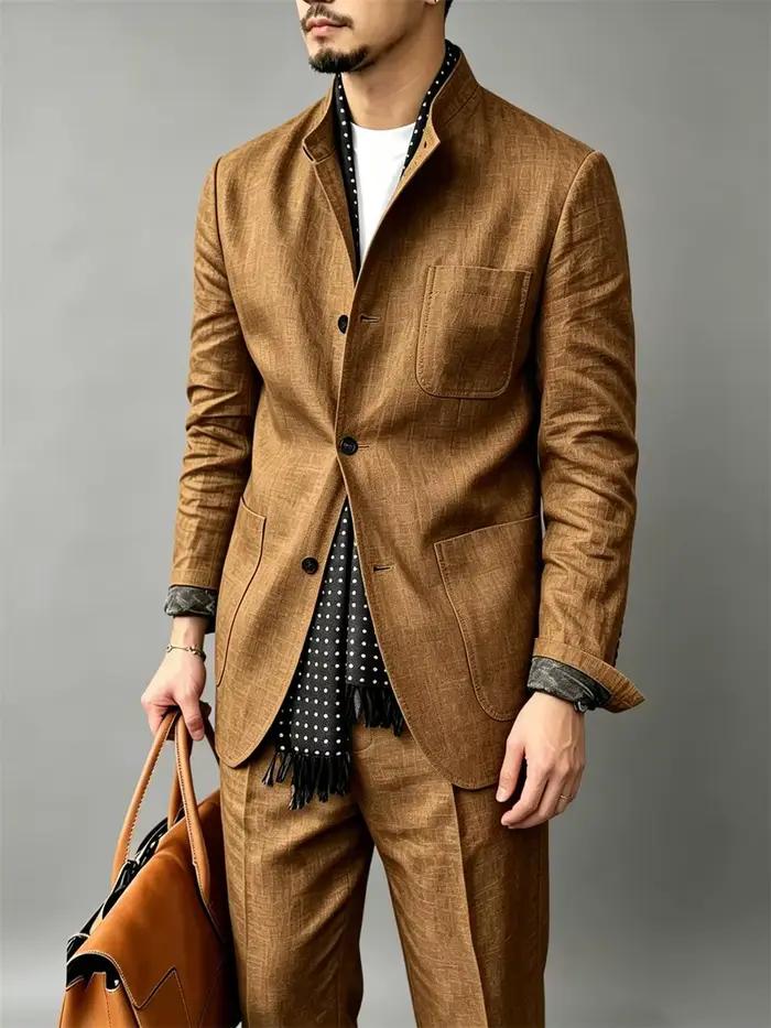 Costume en lin mélangé pour homme, blazer col montant et pantalon, décontracté et élégant, pour tenues d'affaires, sorties du weekend, mariages formels et événements estivaux