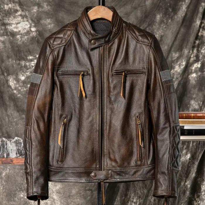 Veste d'automne en cuir marron foncé pour hommes