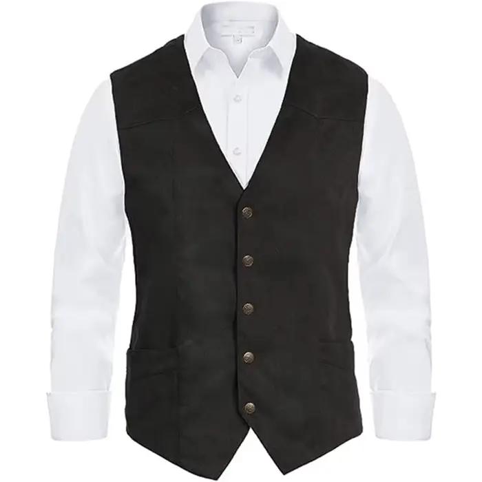 Gilet en coton et polyester vintage à col en V pour hommes, boutonnage simple, ourlet incurvé, idéal pour l'automne et l'hiver, vêtement d'extérieur décontracté