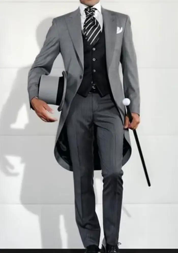 Costume 3 Pièces Homme Mariage Marié Smoking Longue Frac Veste de Cérémonie Garçon d'Honneur Bal de Promo Mode