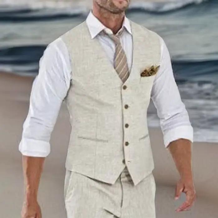 Gilet MENTEOLA en lin Beige pour homme élégant et décontracté pour occasions spéciales été printemps plage mariage