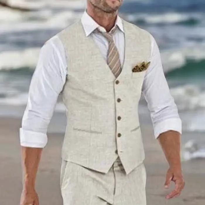 Gilet MENTEOLA en lin Beige pour homme élégant et décontracté pour occasions spéciales été printemps plage mariage