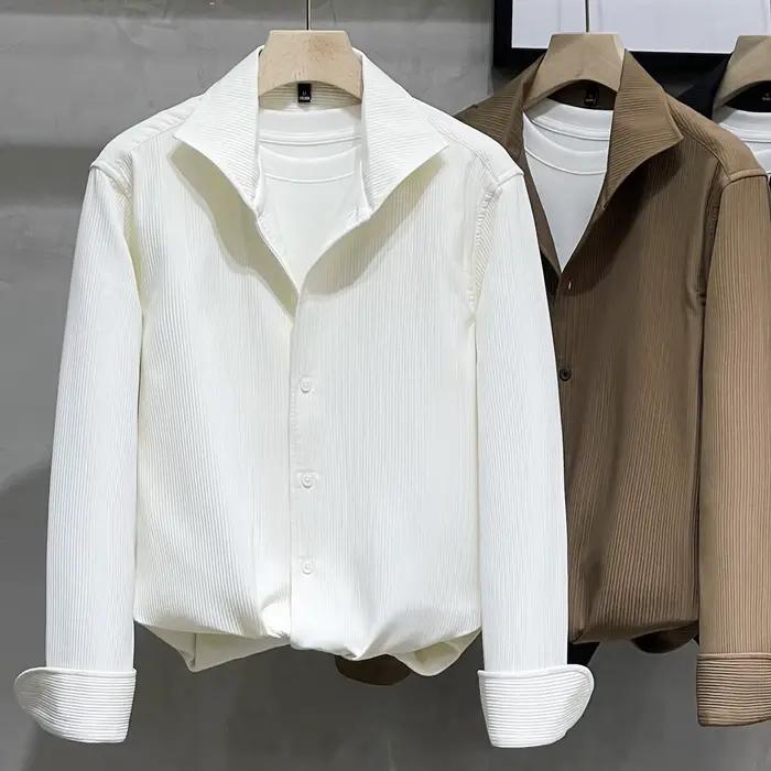 Chemise Homme Col Windsor Blanc Manches Longues Texture Haut de Gamme Soie Glacée Printemps-Automne Style Mature Léger