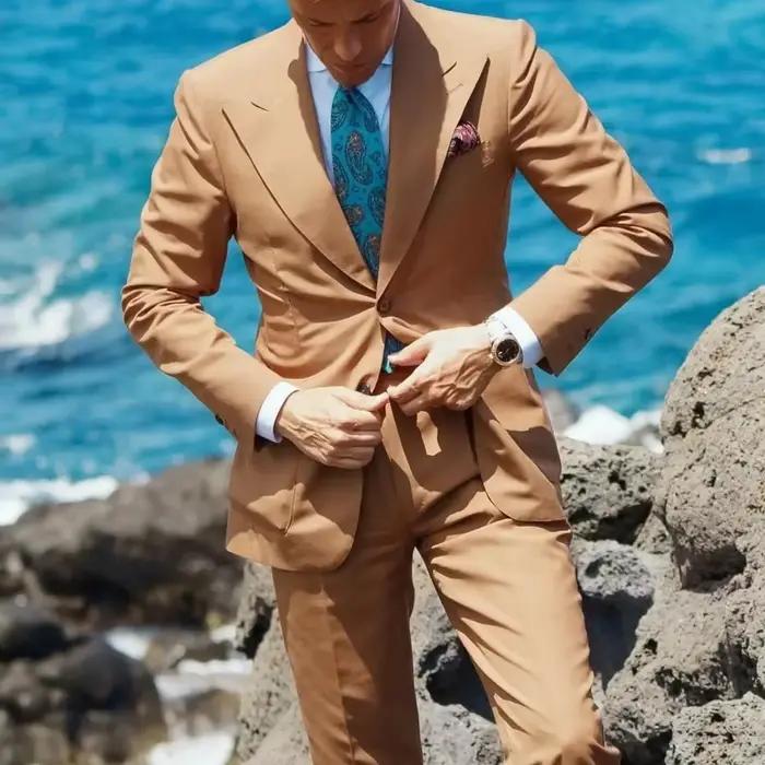 Costumes de smoking à boutonnage simple pour hommes, veste et pantalon, revers Patricia, marron, décontracté, mariage, été, mode, 2 pièces