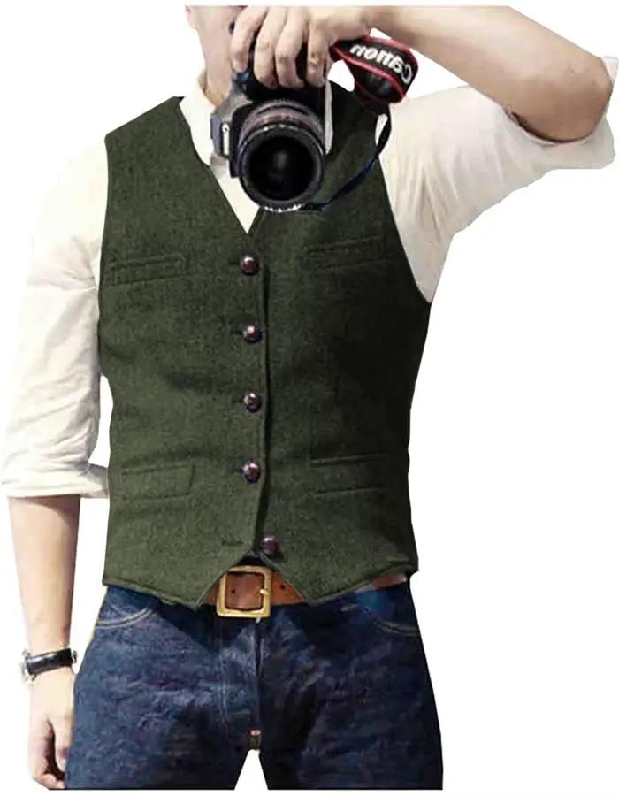 Gilet de costume pour hommes vert militaire simple boutonnage mélangé
