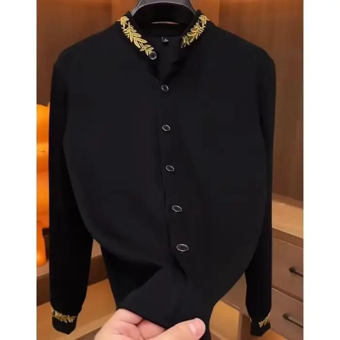 Chemise noire à manches longues et col Mandarin pour hommes broderie dorée coupe cintrée haut tendance décontracté automne bureau
