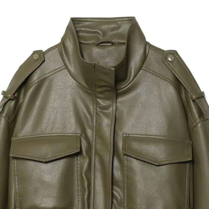 Veste simili cuir vert armée femme streetwear pour automne hiver occassions spéciales et mode urbain