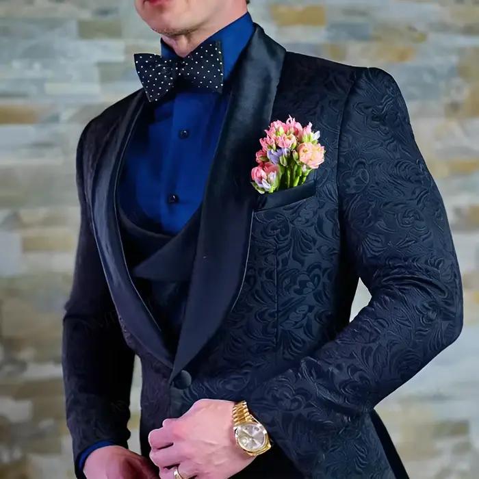 Costume bleu marine élégant pour hommes occasion mariage et événements formels Jacquard en laine ajustement parfait多种样式西装套装男装结婚礼服正装马甲三件套晚礼服2024
