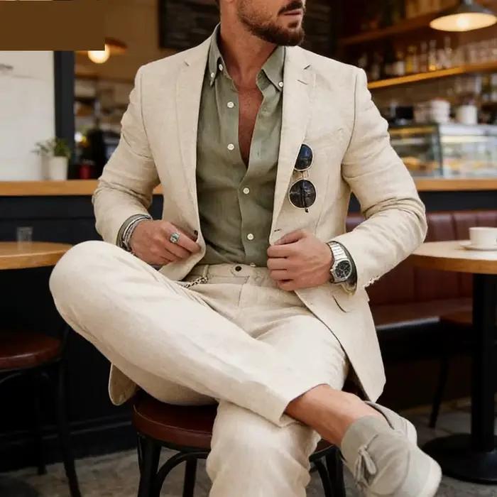 Costume en lin beige pour homme, décontracté et élégant, idéal pour mariage, bal de promo, témoins, marié, costume d'été, nouveau design